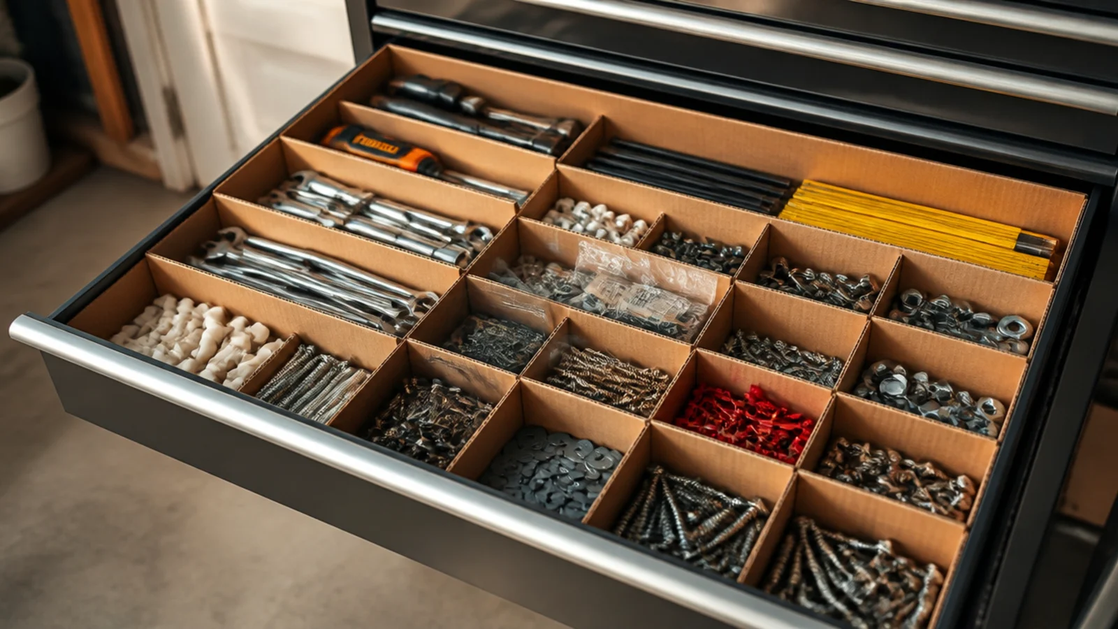 A garage drawer divided into neat sections by cut cardboard box pieces holding sorted small tools and parts.