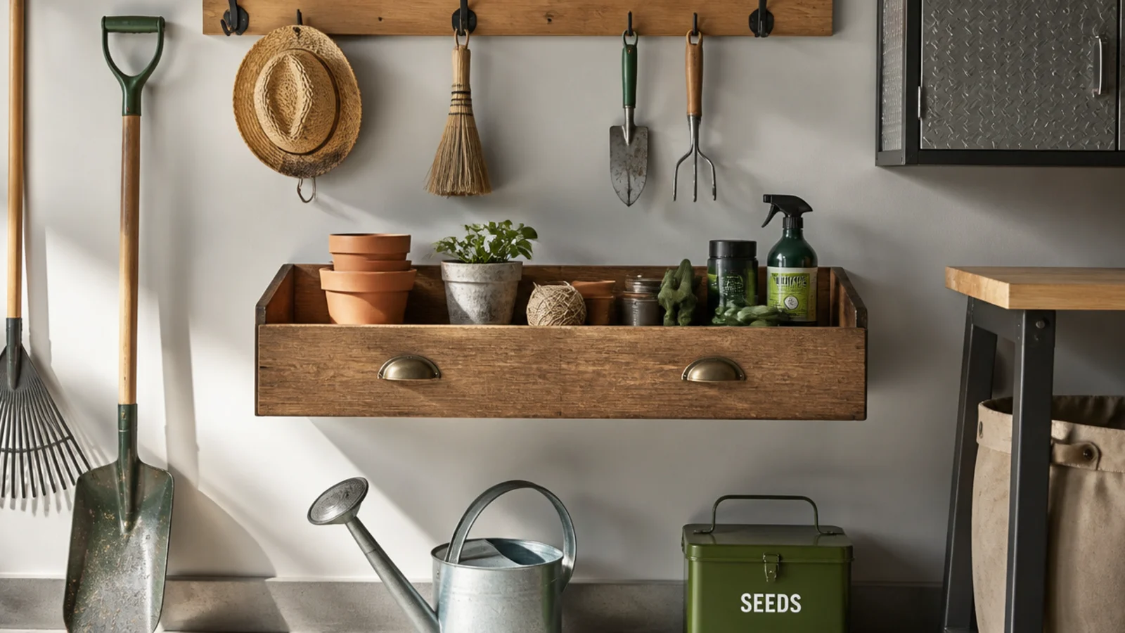 An old drawer mounted on a garage wall on its back as a shallow open tray or shelf holding supplies.