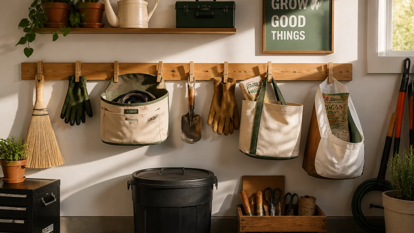 Wooden clothespins glued to a garage board or clipped to a wire, holding work gloves and open bags by their edges.
