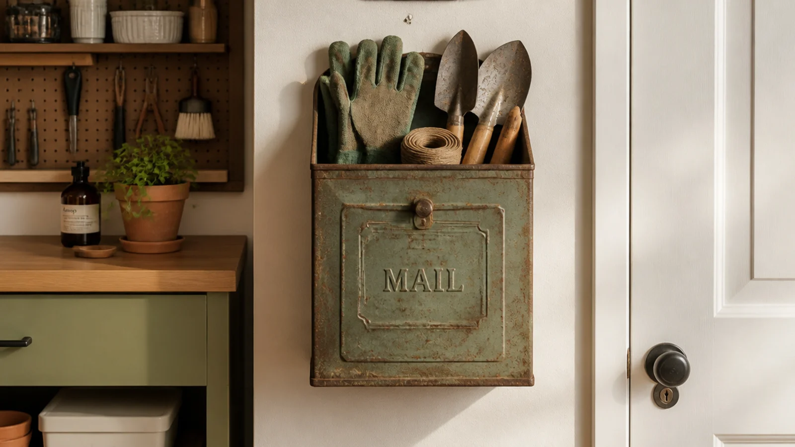 An old mailbox mounted on a garage wall near the door holding garden gloves, twine, and hand trowels inside.