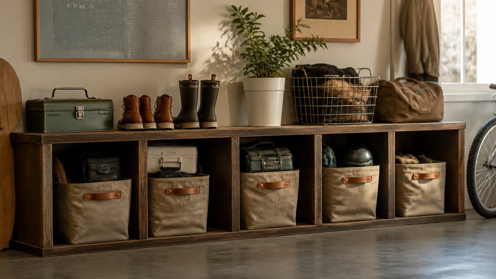 An old bookcase laid on its side in a garage forming a row of low cubbies filled with bins and gear.