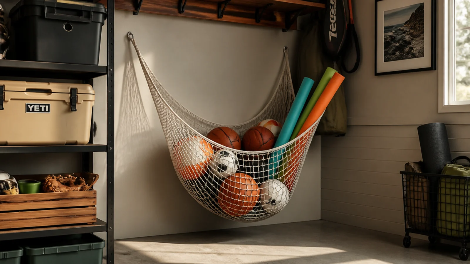A mesh laundry basket or net bag hung in a garage corner holding basketballs, soccer balls, and pool toys.
