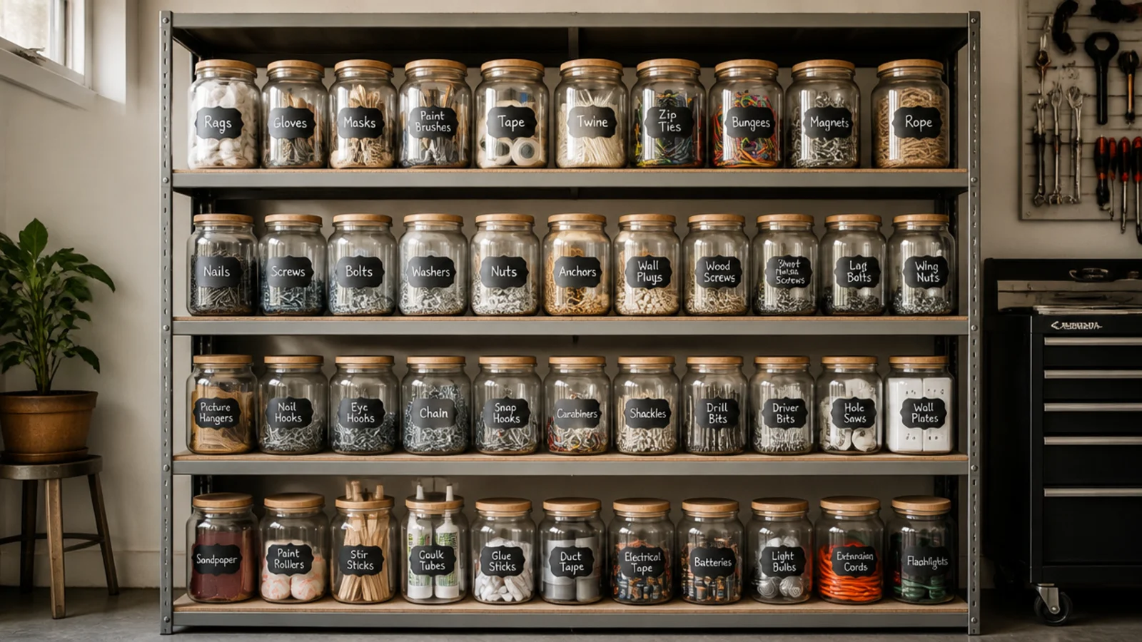 A garage shelf lined with matching glass jars, each with a chalk-painted label patch naming its sorted contents.