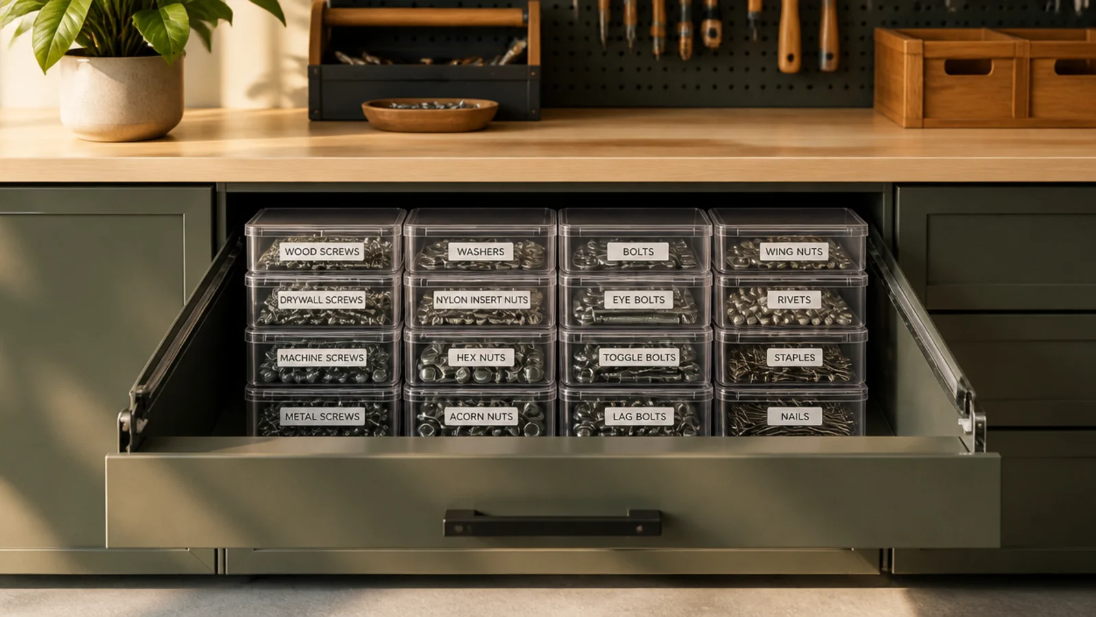 Stacked clear deli and takeout containers in a garage drawer, each holding a sorted type of small hardware with a label.