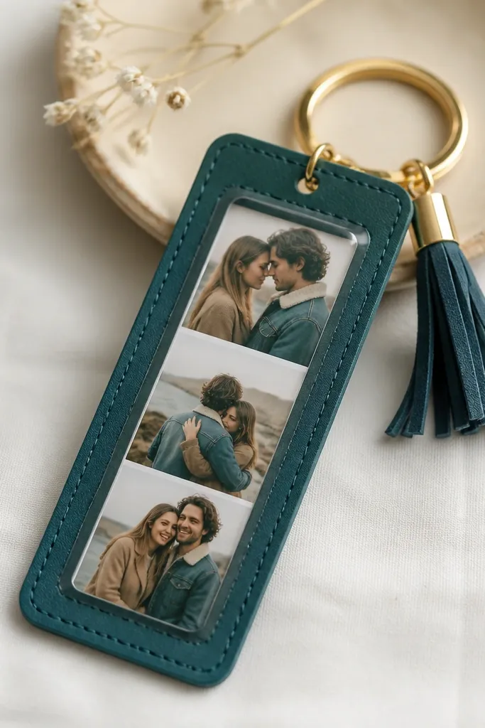 A small keychain made from a clear vinyl window with a printed photo strip visible inside, backed by dark teal cardstock, finished with a gold split ring and a short tassel.