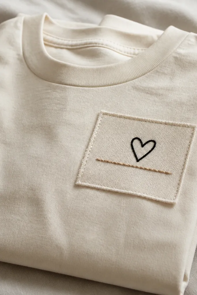 A folded cotton tote or T-shirt with a small rectangular fabric patch applied near the chest, showing a hand-lettered heart and one line of text in black and cream thread-like paint.