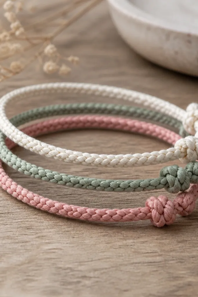 A stack of three thin bracelets on a wooden table, each made with braided cotton cord and tiny knot clusters at the ends, in cream, sage green, and dusty rose.