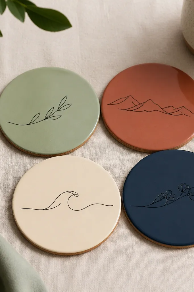 Four cork coasters with a glossy finish, each painted in a single color (sage, terracotta, cream, navy) with a small black one-line quote in the center.
