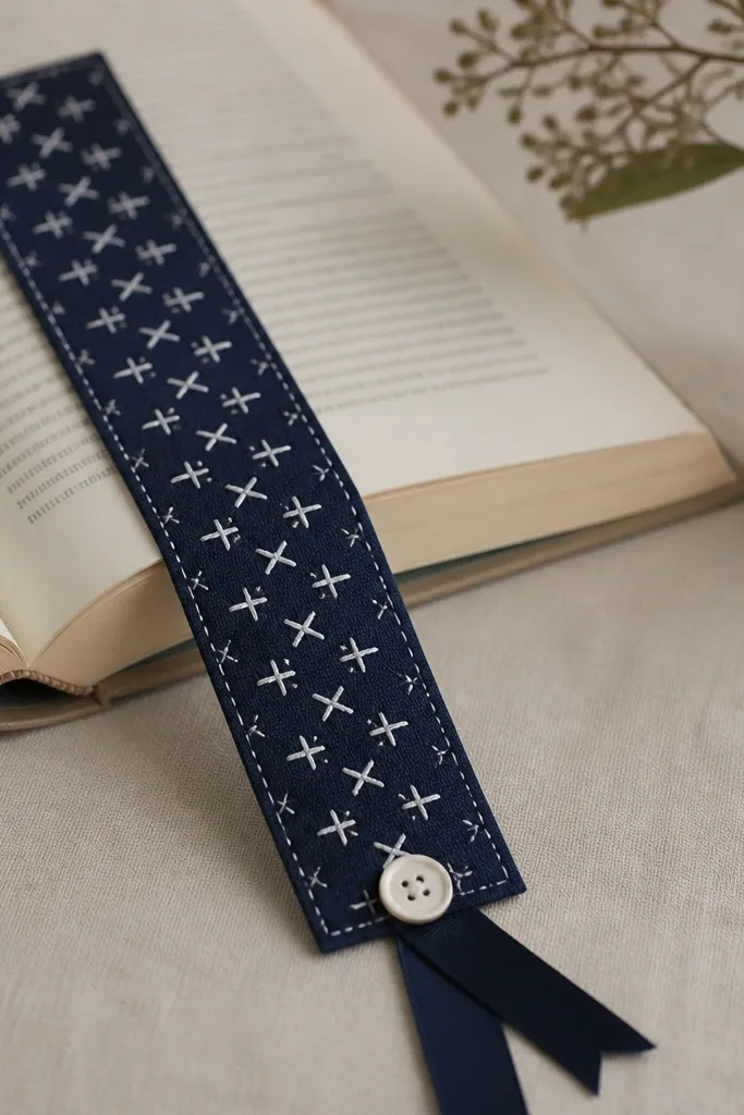A long fabric bookmark with a folded ribbon tail, finished with a small button at one end, and a stitched cross pattern in white thread on a navy background.