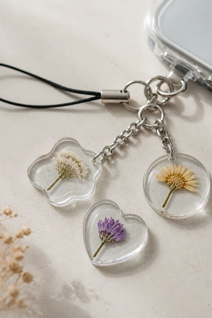 A set of small clear acrylic charm pieces with a single dried flower sealed in the center, attached to a phone strap with a metal ring and small chain.