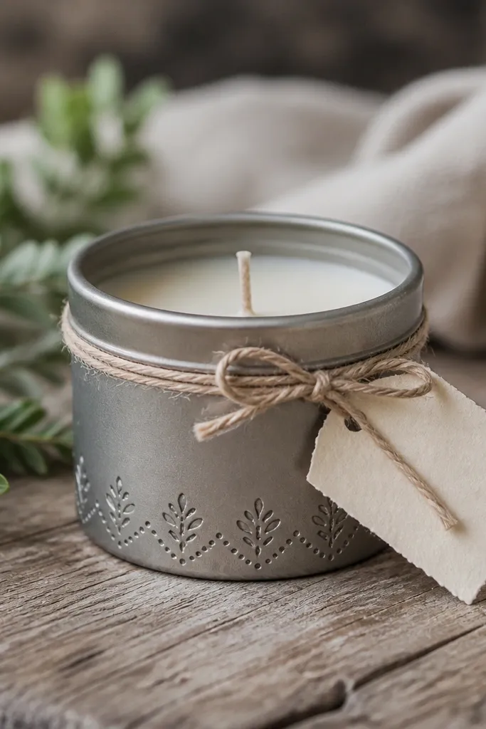 A small metal candle tin with a simple stamped pattern near the bottom and a handwritten label on cream paper tied with twine.