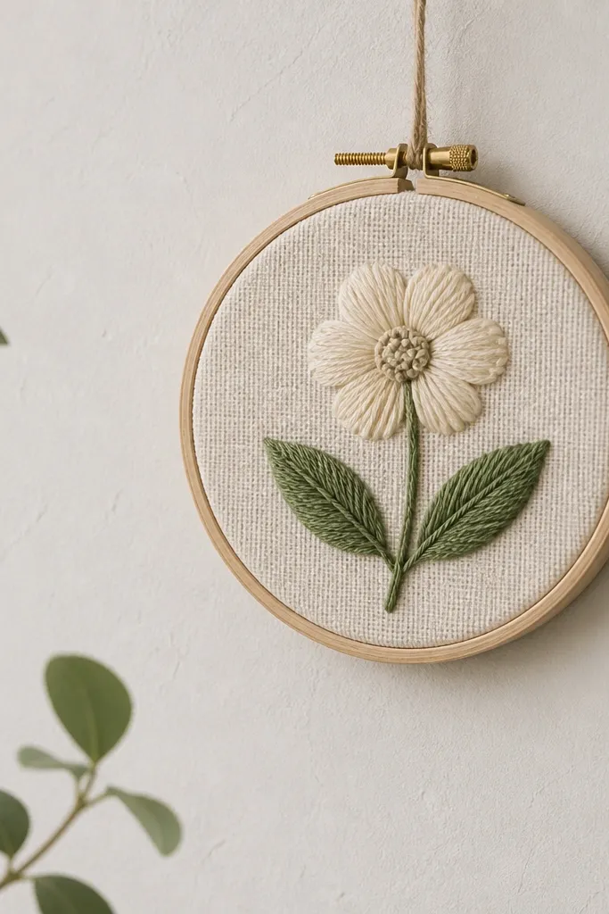 A small embroidery hoop hanging on a wall, with a tea towel fabric inside and a simple stitched flower and two leaves in green and cream thread.