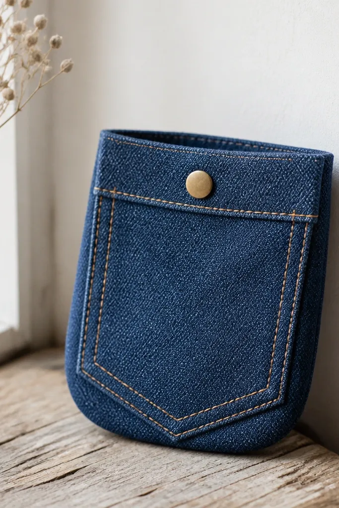 A small denim pouch shaped like a pocket with a top opening, stitched with a contrasting thread, and a snap button at the top.