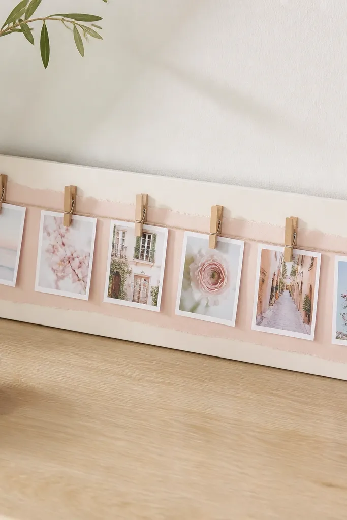A long strip of cardstock mounted on a small backing board with tiny clothespins holding mini photos, in pastel colors.