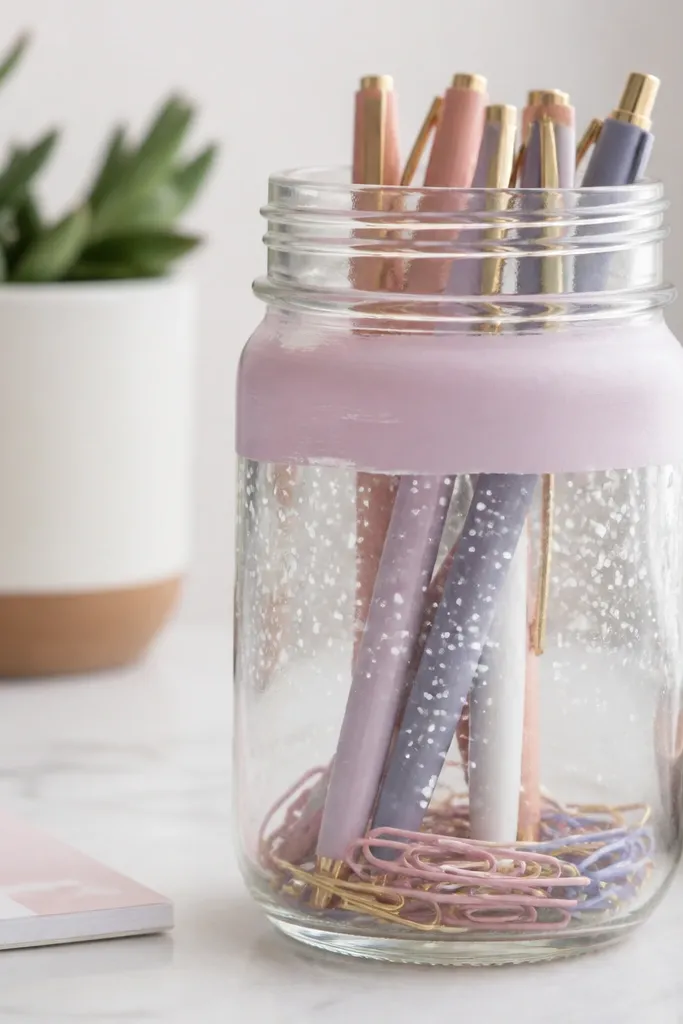 A clear mason jar painted with a pastel band near the top and a fine speckle pattern, holding pens and small paper clips.