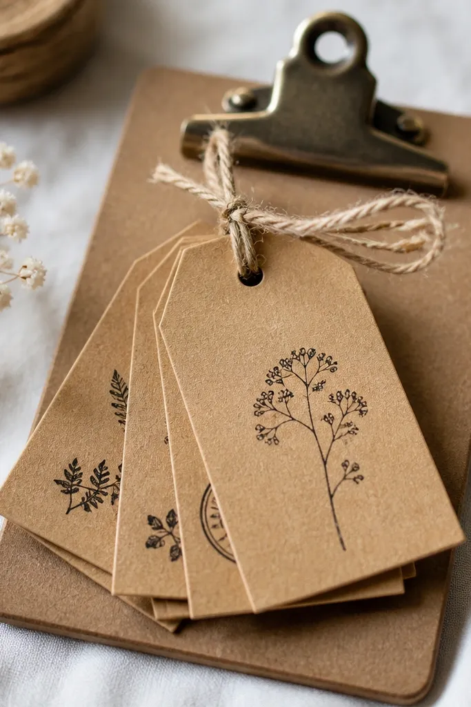 A small stack of kraft gift tags with stamped designs and neat handwriting, tied with twine to a mini clip board.