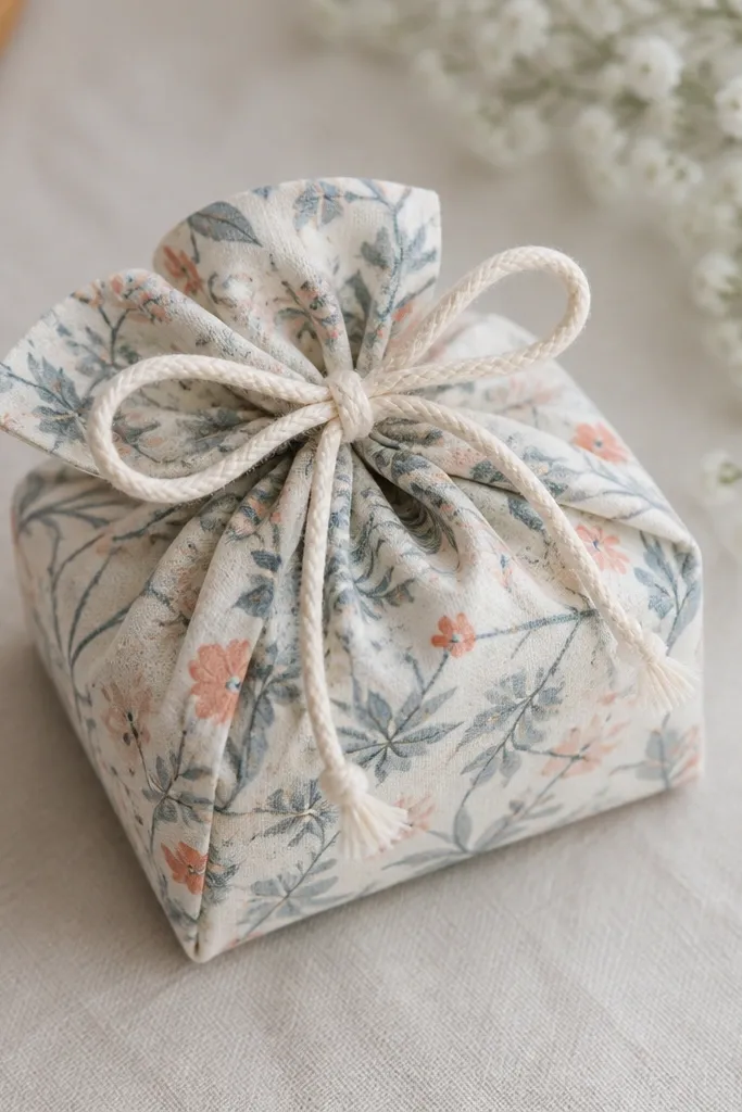 A folded fabric sleeve with a drawstring cord, wrapped around a small gift, in a patterned cotton fabric with a simple tie bow.