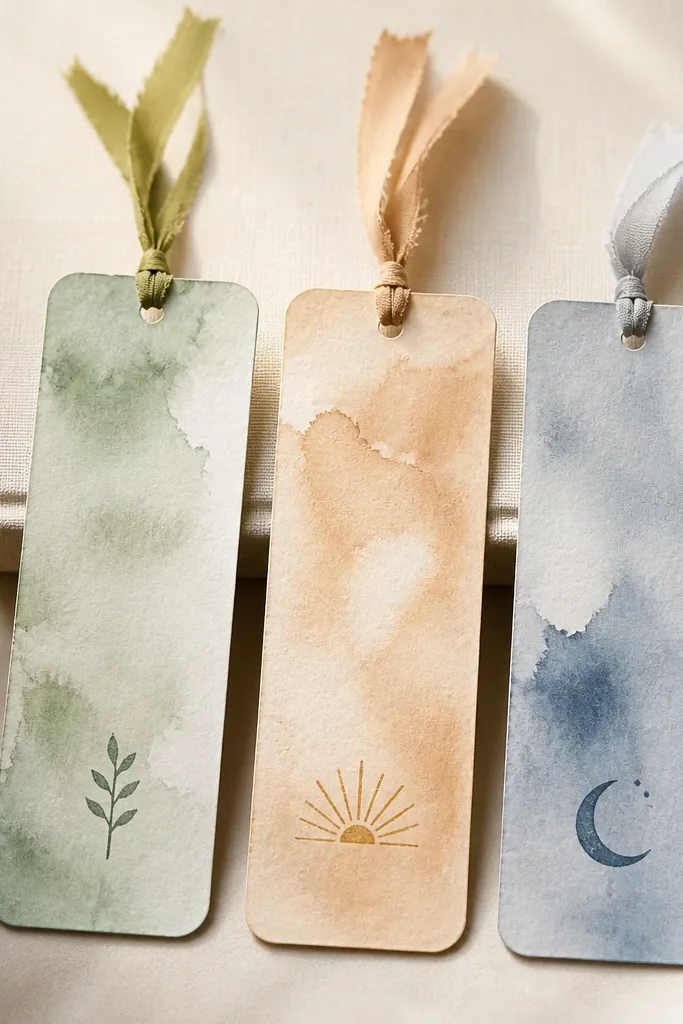 Three watercolor bookmarks with clean rounded corners, each with a different soft color wash and a short stamped symbol near the bottom, tied with thin cloth ribbon.