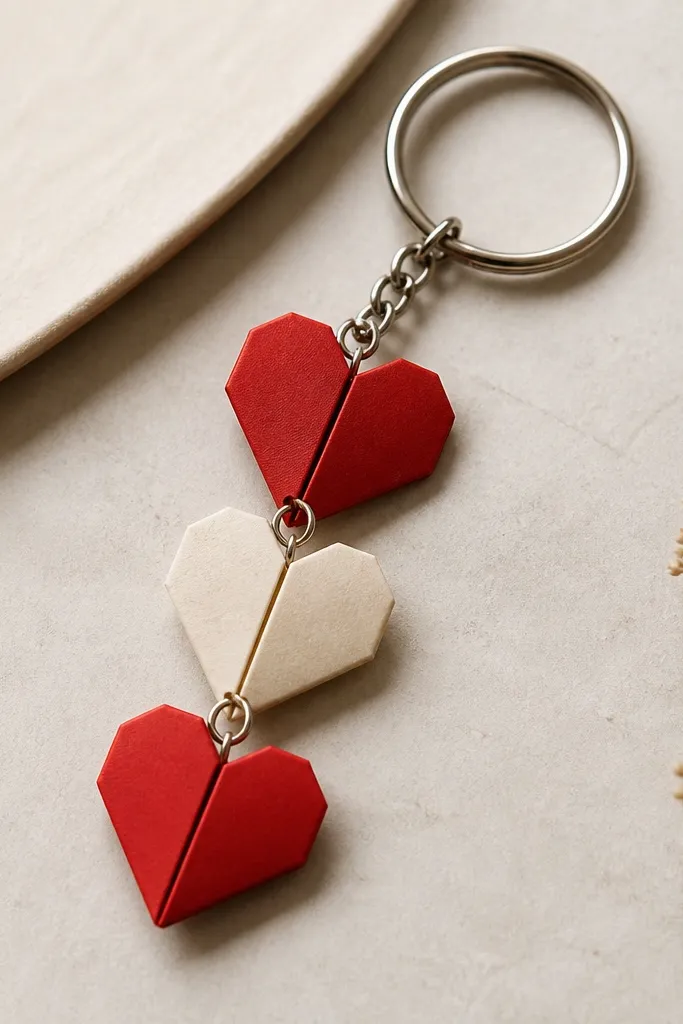 A small keychain with three folded paper hearts connected in a chain, in red and cream paper, attached to a metal ring.