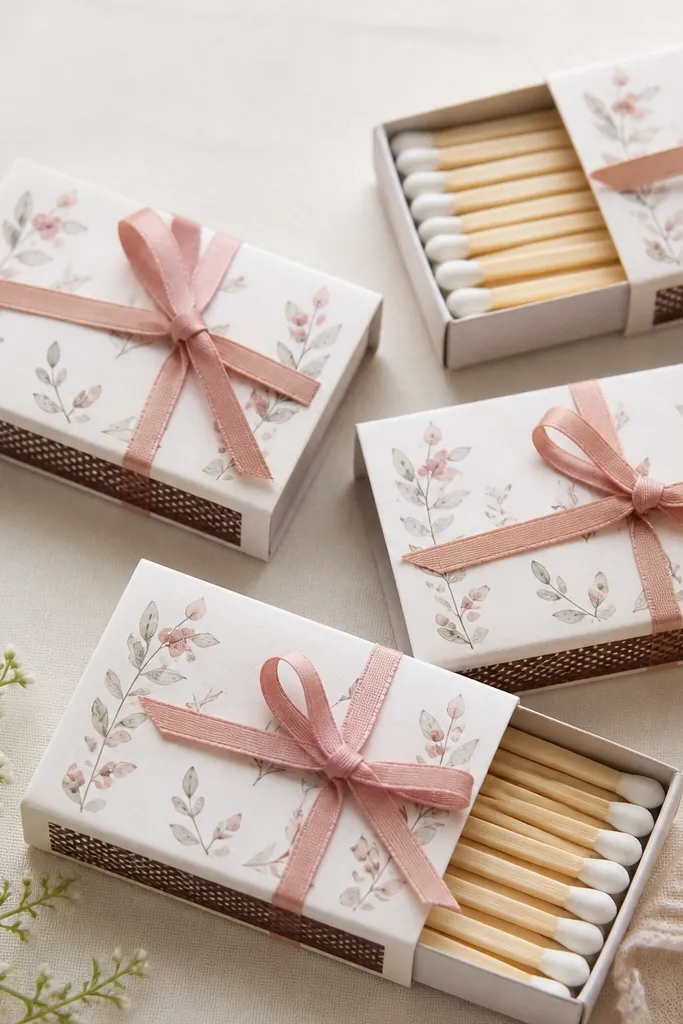 A set of small matchboxes wrapped in paper sleeves with a printed label and a tiny ribbon bow, with matches neatly arranged.
