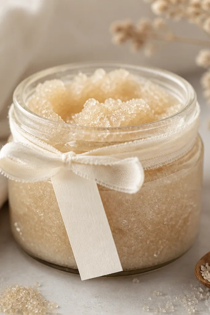 A small glass jar filled with scrub in a creamy tan color with visible sugar crystals, topped with a cloth ribbon and a label strip with a handwritten message.