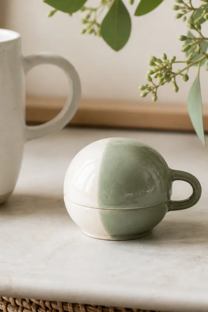 A small round ceramic piece painted in a two-tone pattern with a glossy finish, sitting next to a mug, with a small handle-like loop on the side.