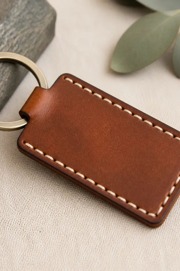 A small rectangular leather tag sits on a keyring, hand-stitched with thick waxed thread in a bold contrasting color; the edges look burnished and clean.