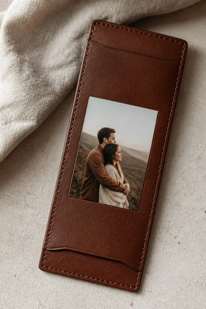 A slim wallet insert strip holds a small photo in the center, with crisp heat-transfer lettering above it; the edges are trimmed straight and neatly aligned.