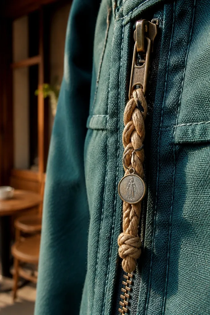 A braided cord zipper pull hangs from a zipper; a small metal charm dangles near the braid end, and the knot looks tight and centered.