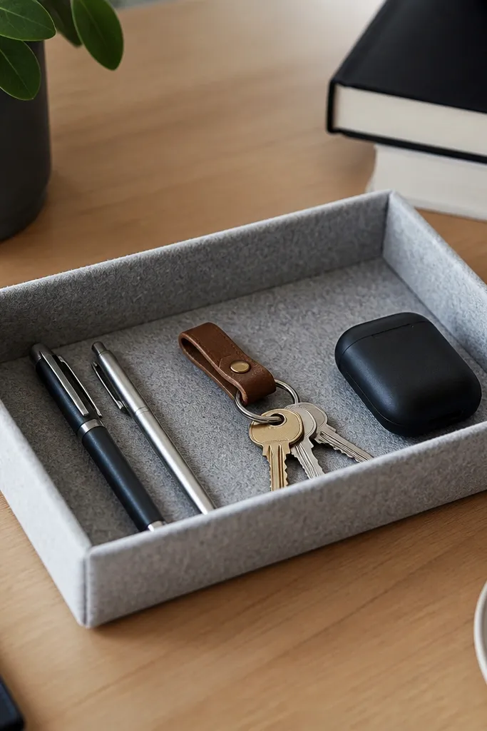 A small rectangular felt tray sits on a desk with a clean folded border; pens and keys look organized inside.