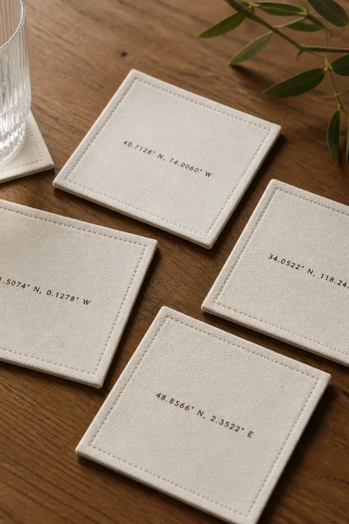 Four square canvas coasters with neat stitching around the border and small printed coordinates in the center; they sit on a wooden table.