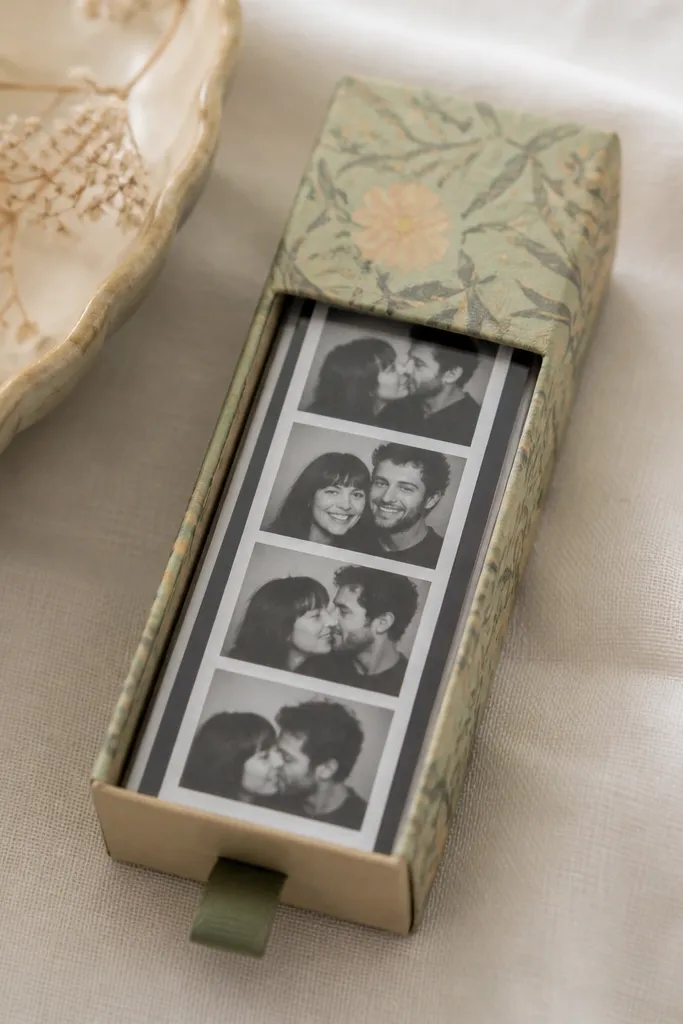 A matchbox-sized frame holds a vertical photo strip behind clear plastic; it's wrapped in patterned paper with a tiny ribbon pull.