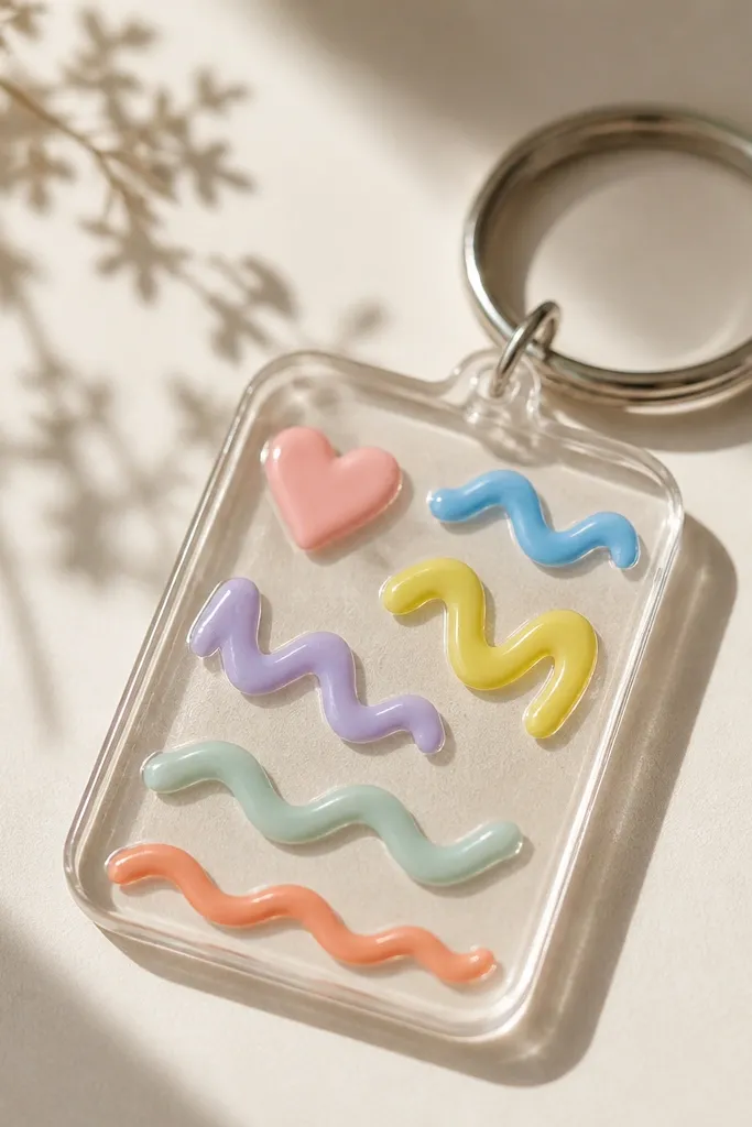 A small clear acrylic keychain has raised puffy paint text on it, with a glossy finish and a metal ring at the top.