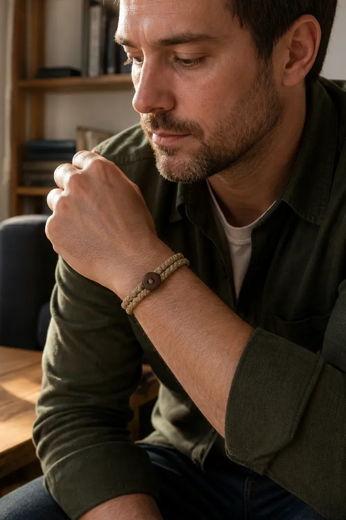 A braided rope bracelet sits flat, with an adjustable knot and a small button closure; the braid has tight, even strands.