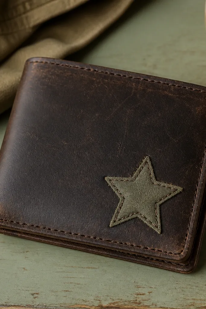 A wallet front has a small iron-on fabric patch shaped like a star, with clean edges and a stitched outline; the wallet looks worn-in but neat.