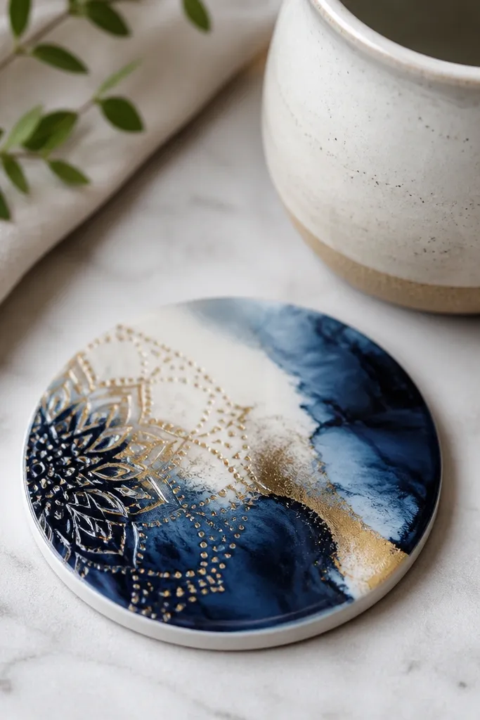 A round ceramic coaster has a stamped pattern and alcohol ink swirls in navy and gold; it sits on a table with a mug next to it.