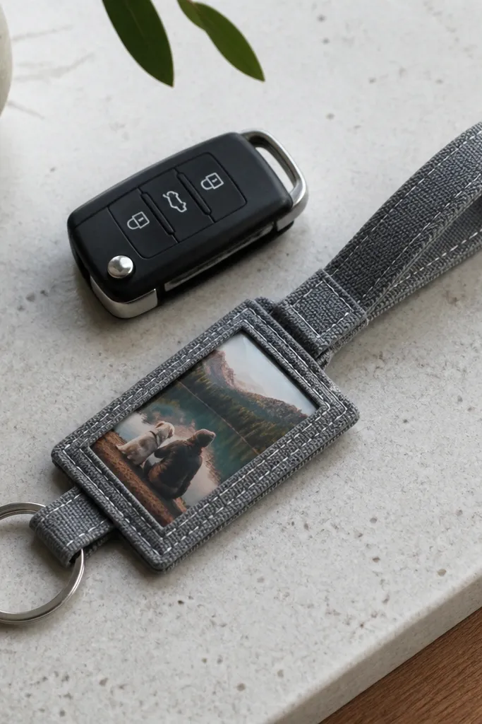 A fabric keychain lanyard holds a small photo insert behind clear plastic; the fabric is patterned and the edges are top-stitched.