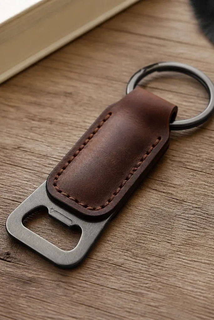 A leather keychain includes a flat metal bottle opener tab attached to the leather with tight stitching and a burnished edge.