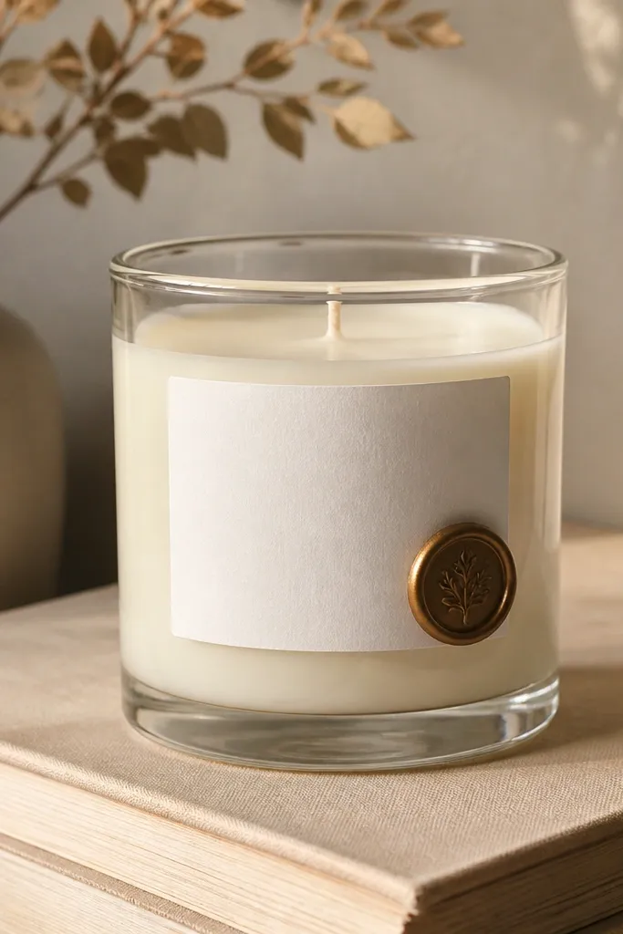 A plain glass candle jar has a hand-lettered label in neat marker with a small wax seal sticker; the label edges are straight.