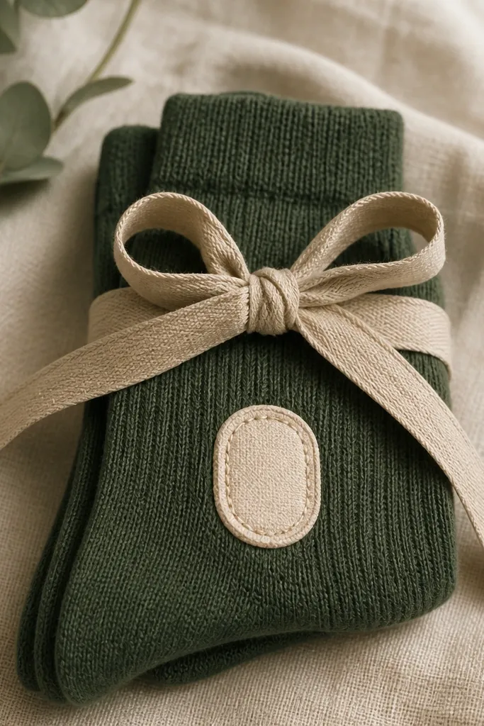A folded fabric tie wraps around a pair of socks with a monogram patch; the ribbon loop sits centered on top.