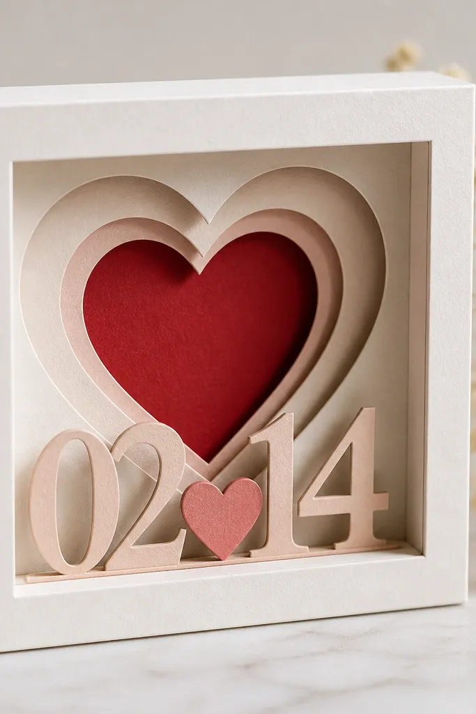 A small shadow box card has layered paper cutouts forming a heart and a date, with a visible depth between layers.