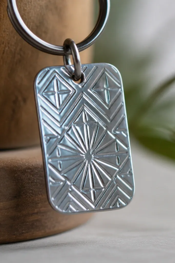 A small aluminum keychain made from a flattened soda can has a stamped geometric pattern and a glossy clear coat; it hangs from a metal ring.