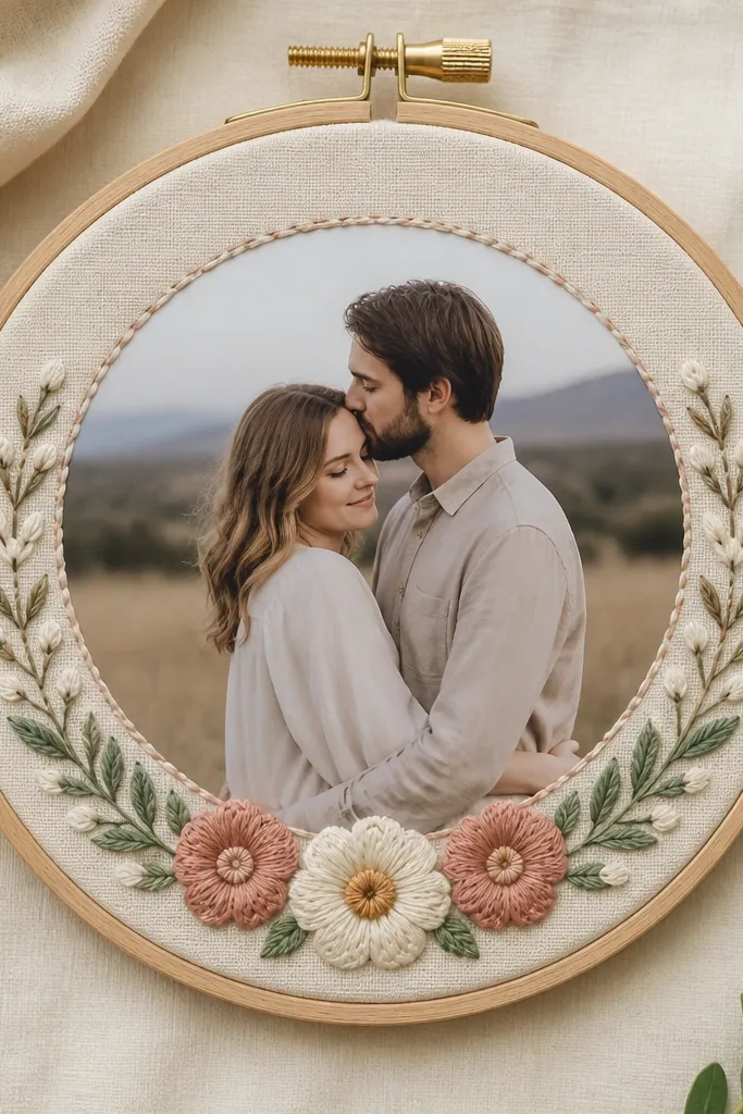 An embroidery hoop holds a photo with a fabric border around it; the border is stitched and the hoop has a clean, centered placement.