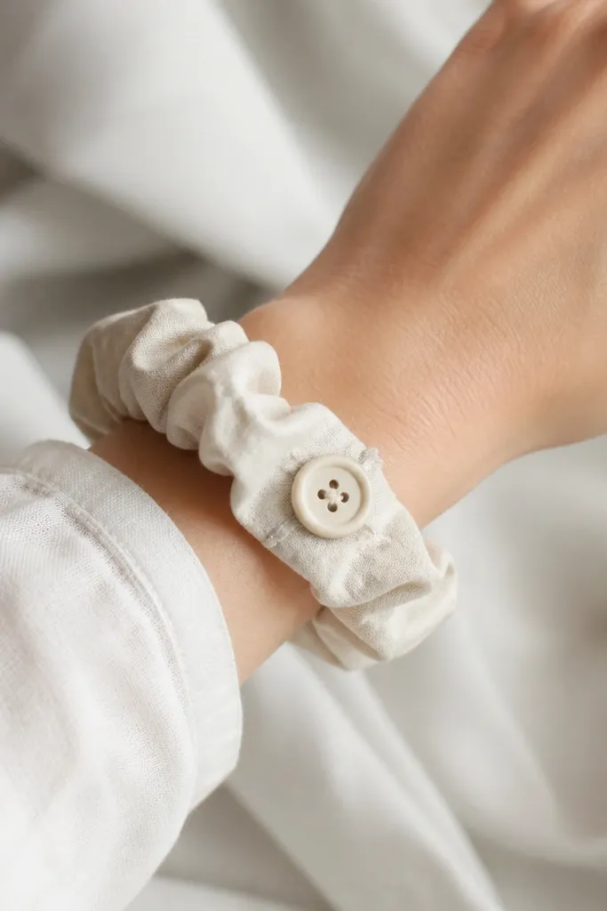 A scrunchie-style bracelet wraps around a wrist with a small button charm stitched near one side; the fabric looks soft and clean.