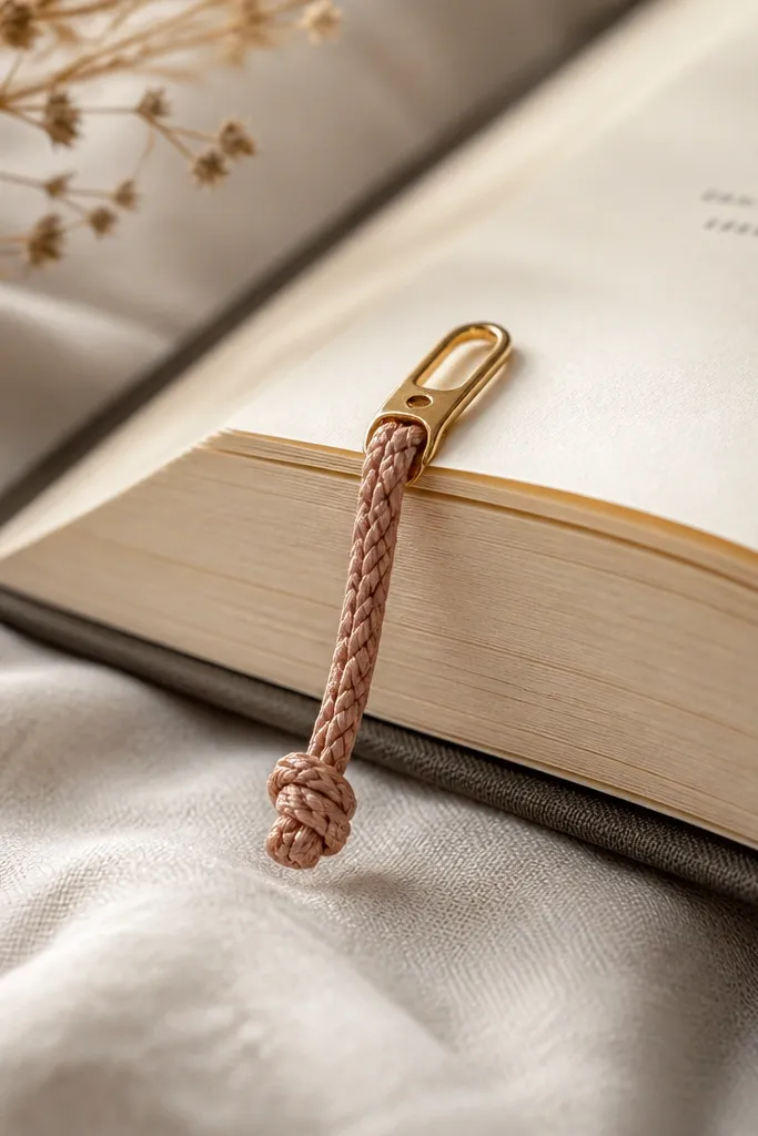 A braided cord bookmark clips into the pages like a bracelet charm; the cord has a small metal clip and a tiny knot detail.