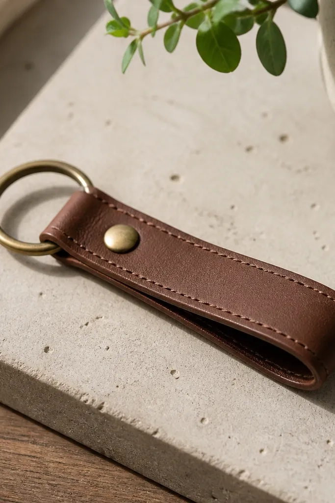 A leatherette cuff holds a keyring at one end, with a snap closure and neat stitching along the edges.