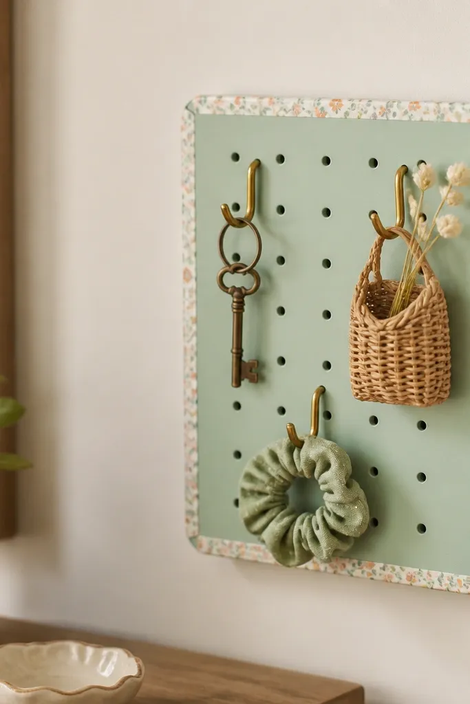 A small pegboard panel is painted matte and has hooks holding a key and small items; the edges are wrapped with patterned washi tape.