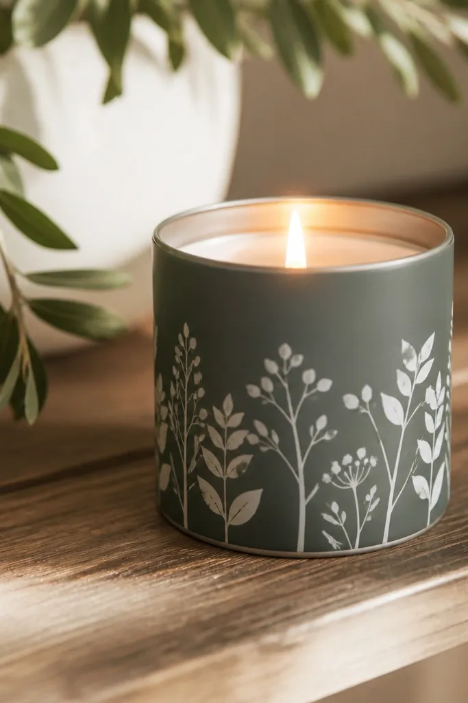 A small tin cup candle holder has vinyl letters wrapped around it like a label, with a clean matte finish and a tidy top edge.