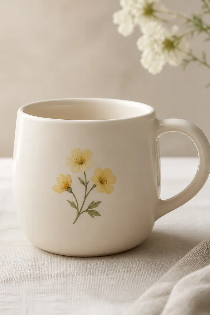A cream mug with a small cluster of pale-yellow flowers printed on the front, placed slightly left of center. The rest of the mug is plain, and the flower edges look like crisp decal art.