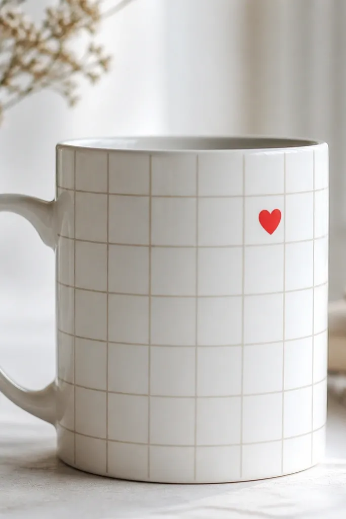 A white mug covered in a neat grid of narrow washi tape lines forming squares. In the upper right area there's a small red heart tape piece shaped like a sticker.